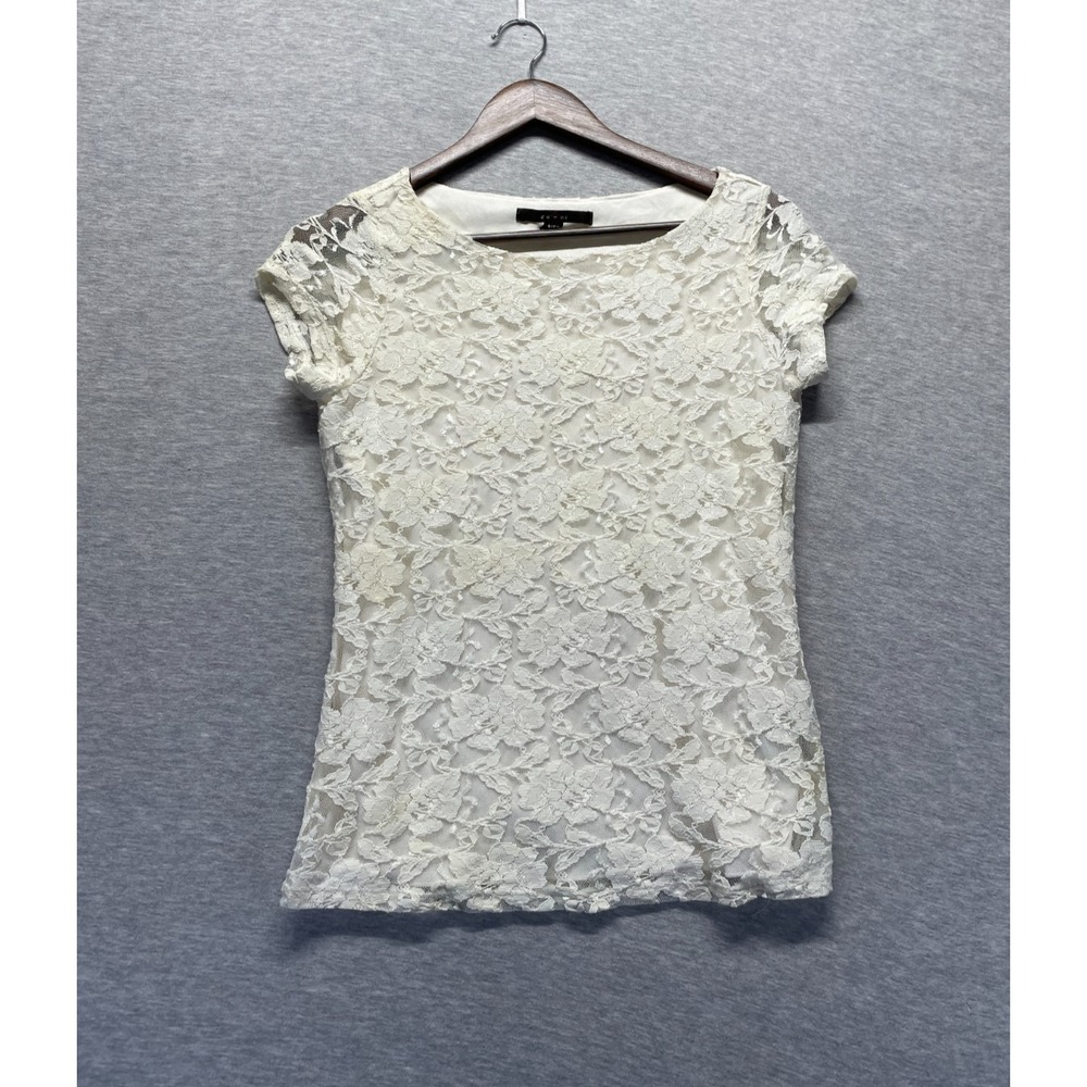 Fever Blouse Top Women's Small Cream Overlay Lace Floral Cap Sleeve Round Neck